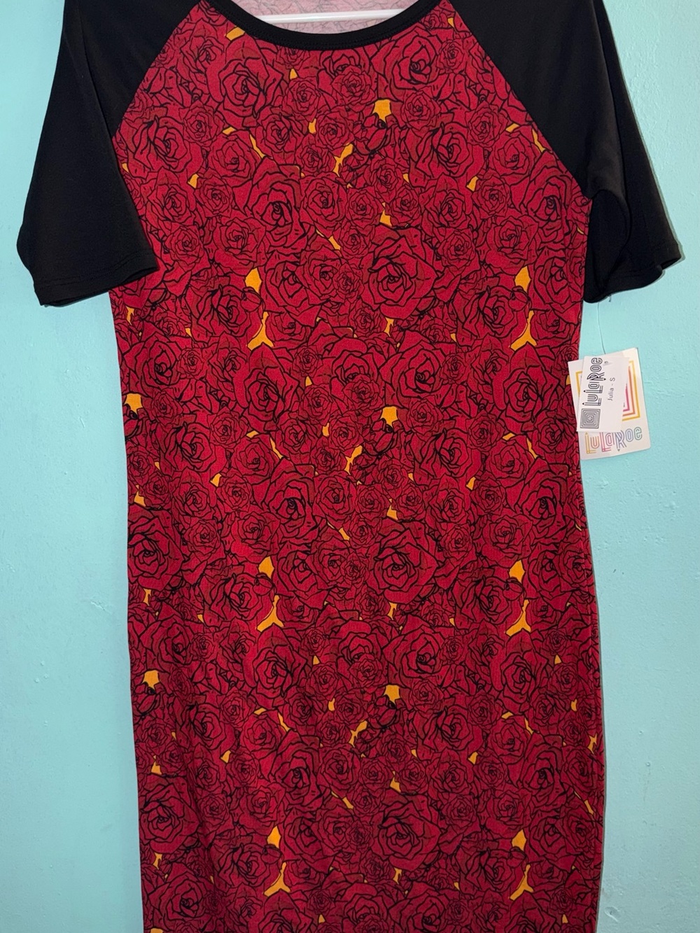 LuLaRoe Red Rose Print Raglan Dress with Black Sleeves